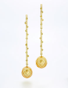 Double bud ear drops with yellow diamonds and facet cut yellow pearls